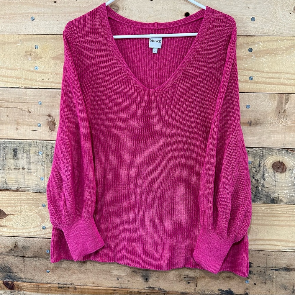 NIC+ZOE Magenta Rose Pink Shaker V-Neck Sweater Barbie Women's Sz L